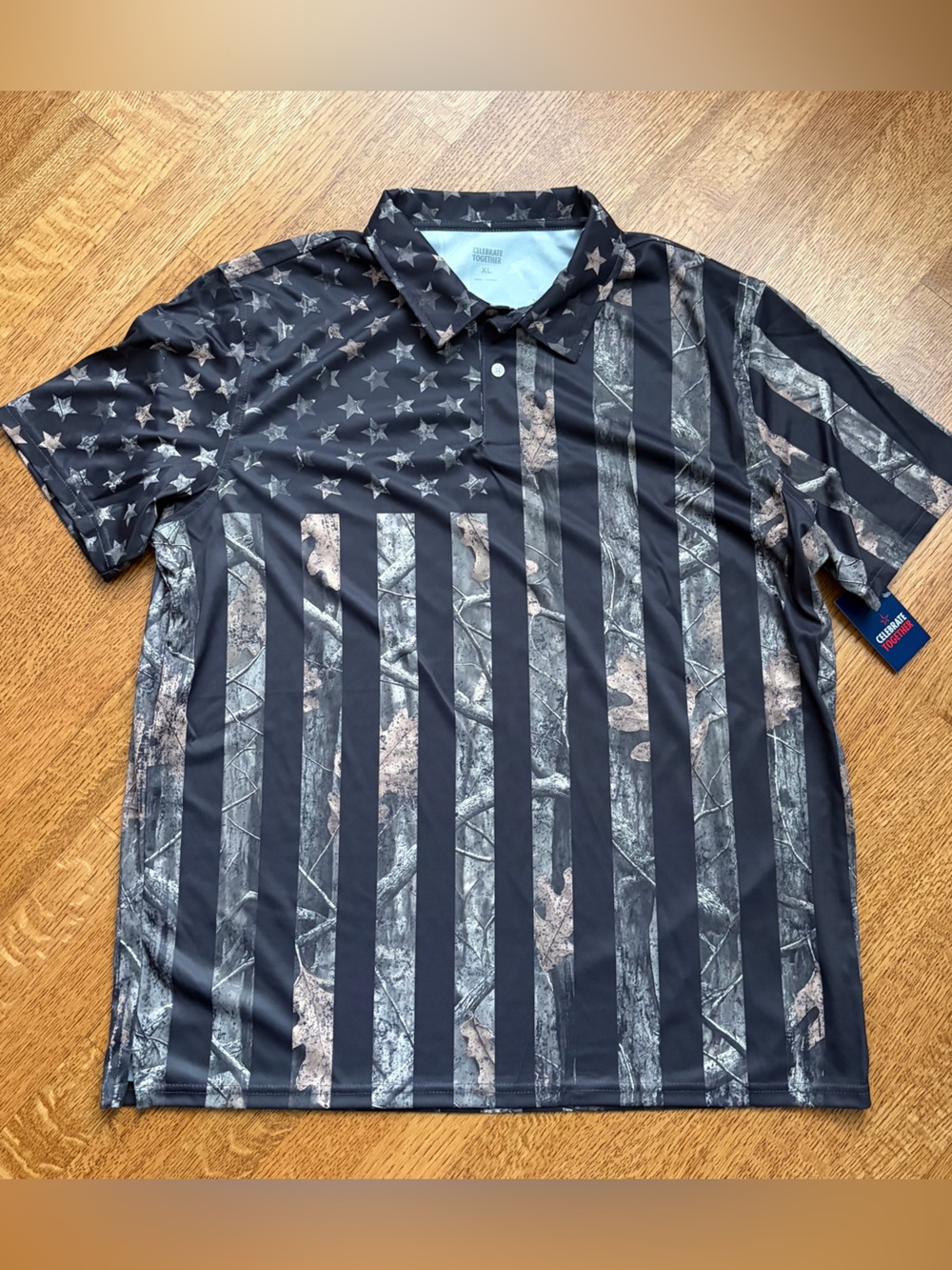Celebrate Together Mens XL Golf Polo Shirt American Flag Tree Camo Patriotic NWT